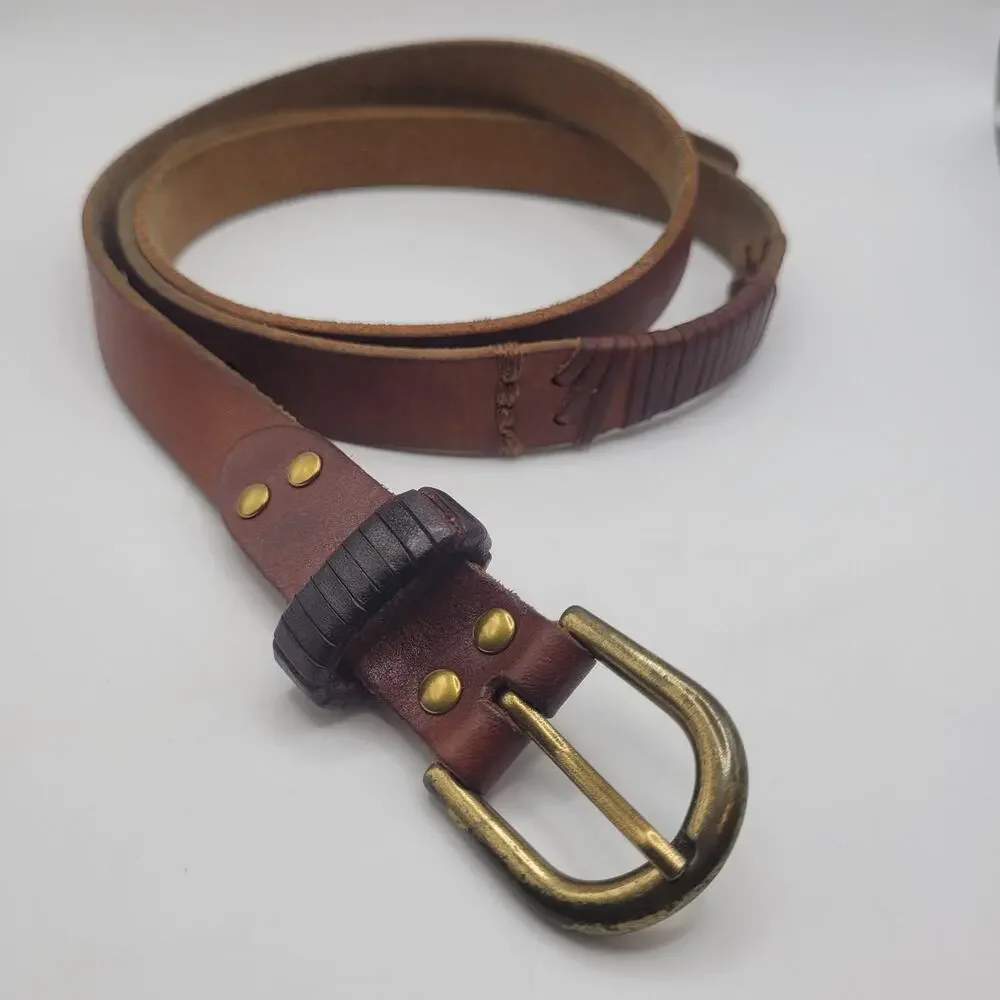 Brown Leather Belt Medium Skinny Thin Brass Buckle Dress Casual Boho Rustic